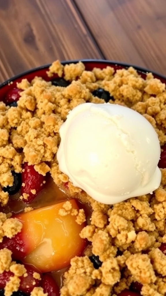 A warm fruit crumble dessert topped with golden crumble and a scoop of vanilla ice cream.